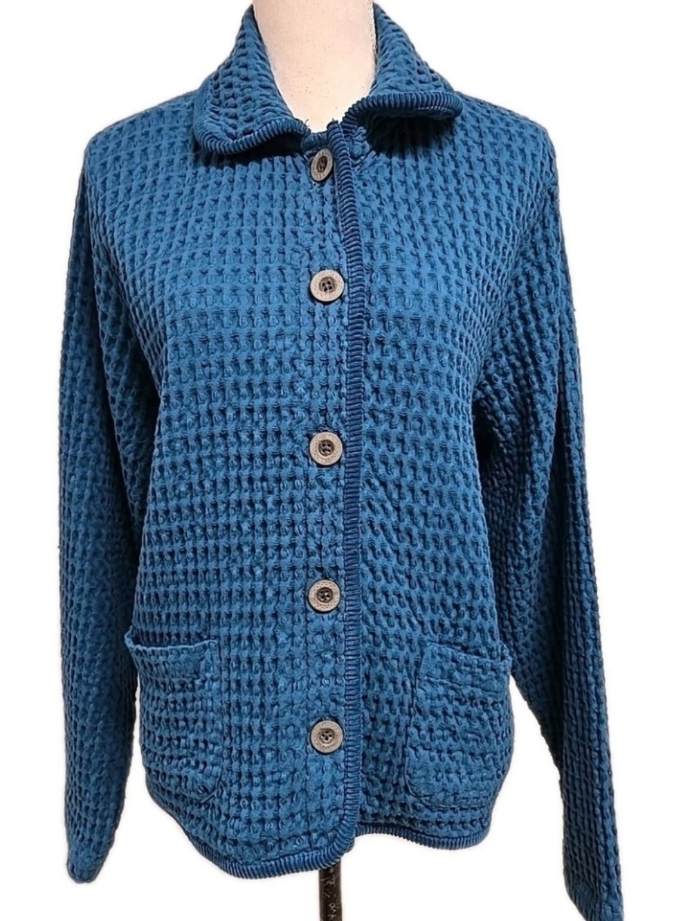 Button-Front Waffle Knit Cardigan Sweater - Blue